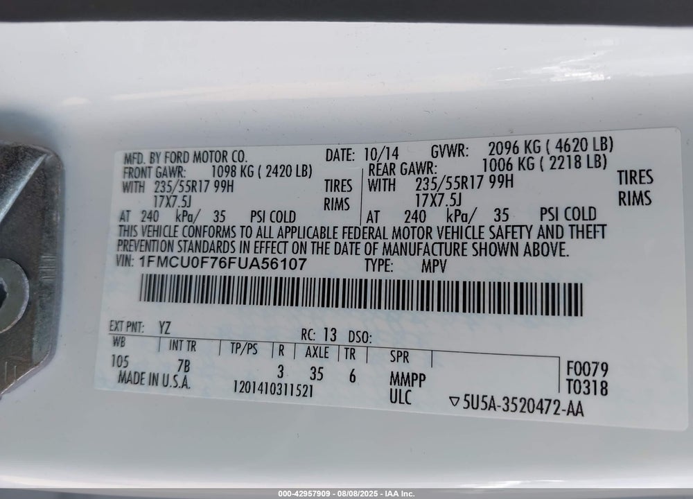 2015 FORD ESCAPE VIN: 1FMCU0F76FUA56107