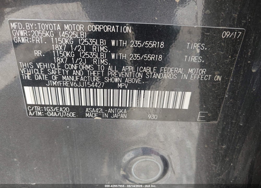 2018 TOYOTA RAV4 VIN: JTMYFREV6JJ154427