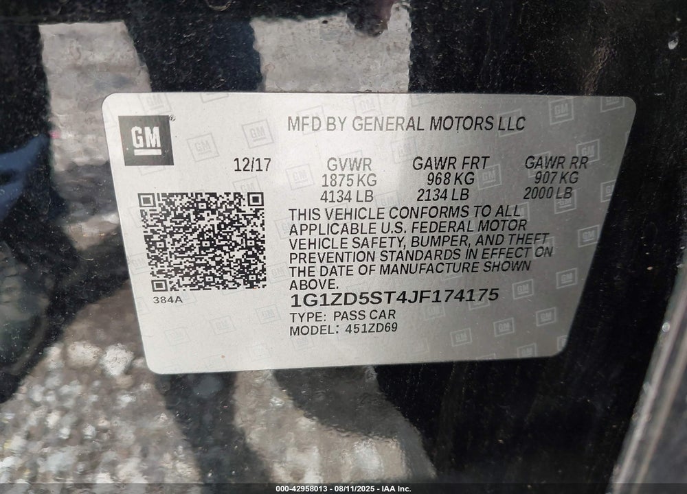 2018 CHEVROLET MALIBU LT VIN: 1G1ZD5ST4JF174175
