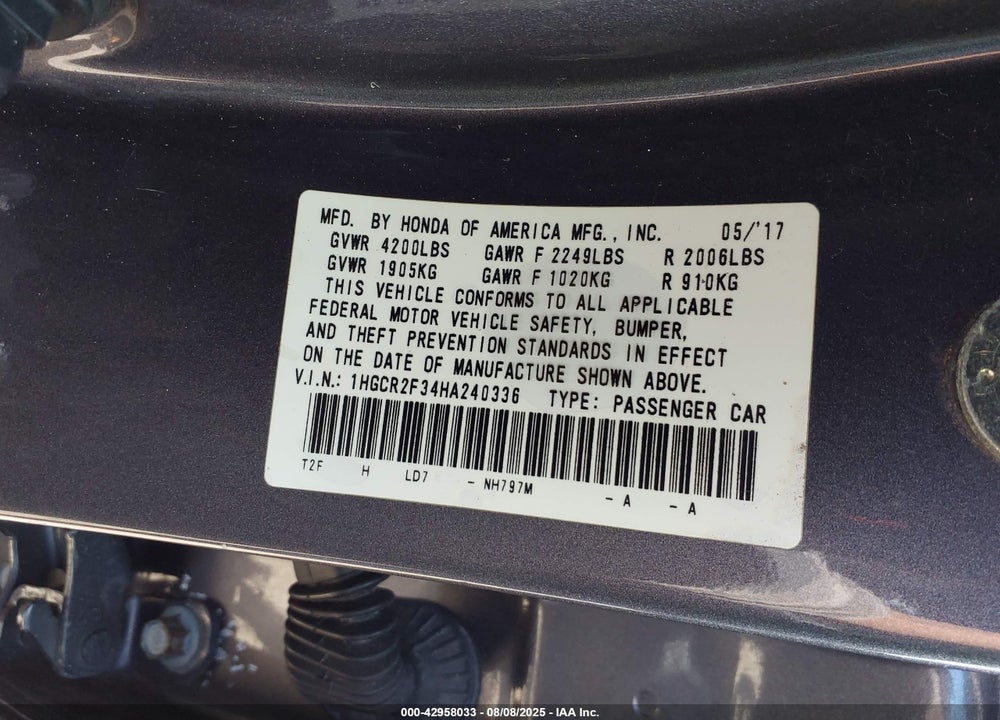 2017 HONDA ACCORD LX VIN: 1HGCR2F34HA240336