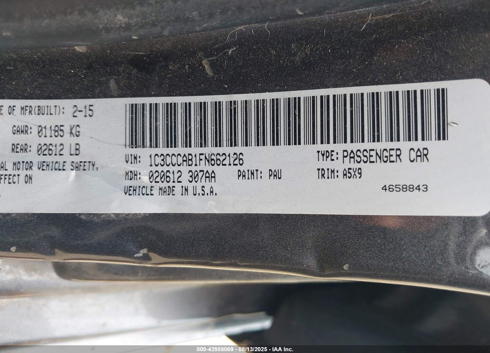 2015 CHRYSLER 200 LIMITED VIN: 1C3CCCAB1FN662126
