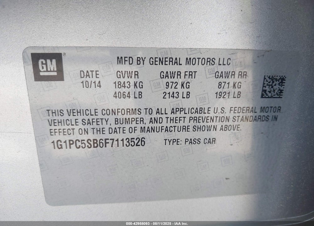 2015 CHEVROLET CRUZE VIN: 1G1PC5SB6F7113526