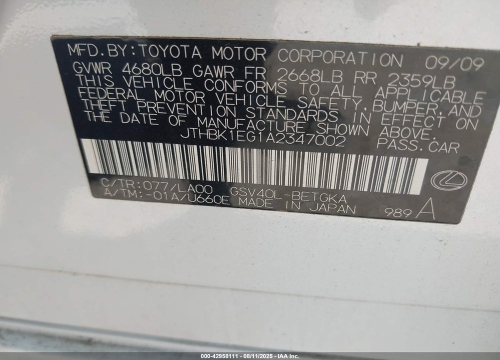 2010 LEXUS ES 350 VIN: JTHBK1EG1A2347002