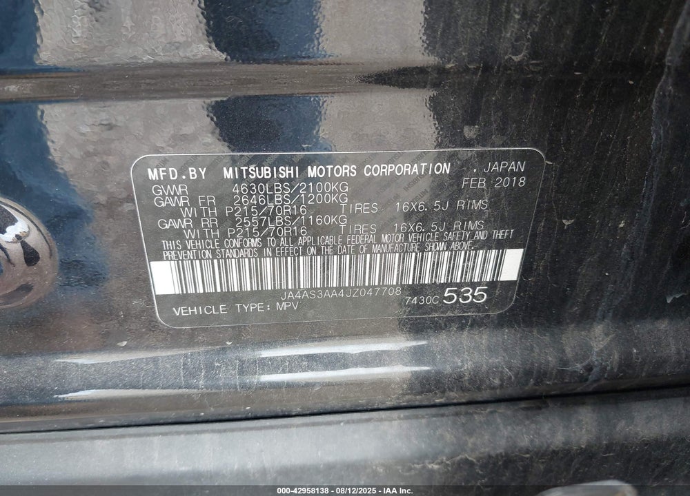 2018 MITSUBISHI ECLIPSE VIN: JA4AS3AA4JZ047708