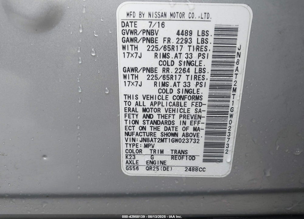 2016 NISSAN ROGUE S VIN: JN8AT2MT1GW023732