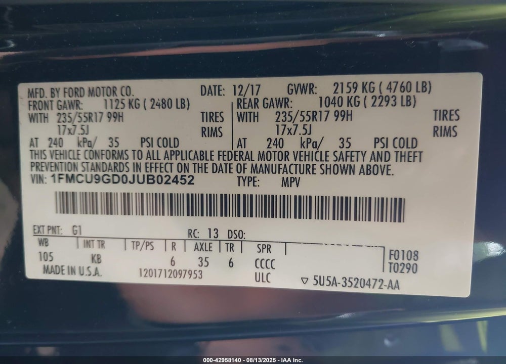 2018 FORD ESCAPE VIN: 1FMCU9GD0JUB02452