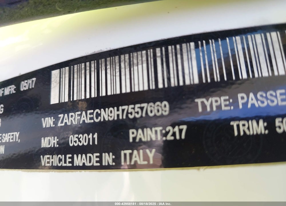 2017 ALFA ROMEO GIULIA TI RWD VIN: ZARFAECN9H7557669