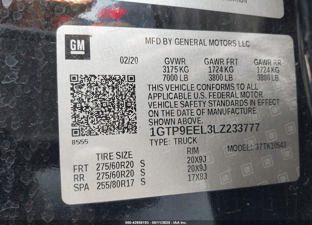 2020 GMC SIERRA 1500 VIN: 1GTP9EEL3LZ233777