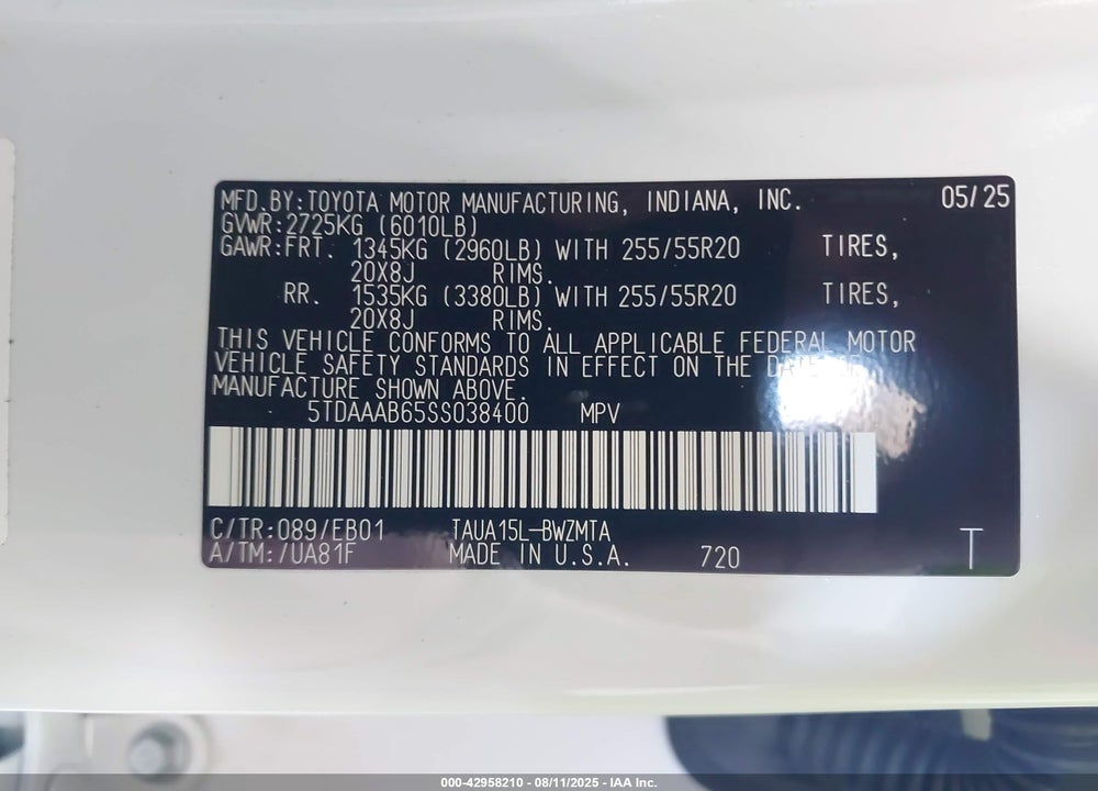 2025 LEXUS TX 350 VIN: 5TDAAAB65SS038400