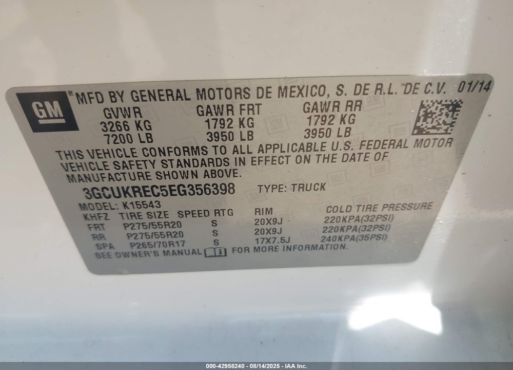 2014 CHEVROLET SILVERADO 1500 VIN: 3GCUKREC5EG356398