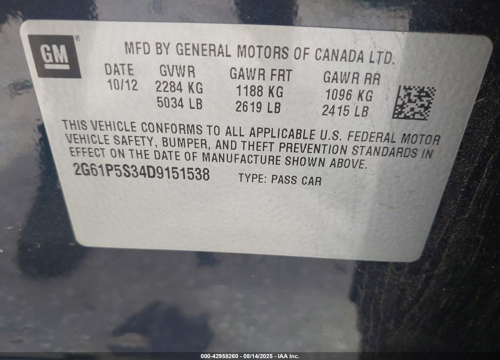 2013 CADILLAC XTS LUXURY VIN: 2G61P5S34D9151538