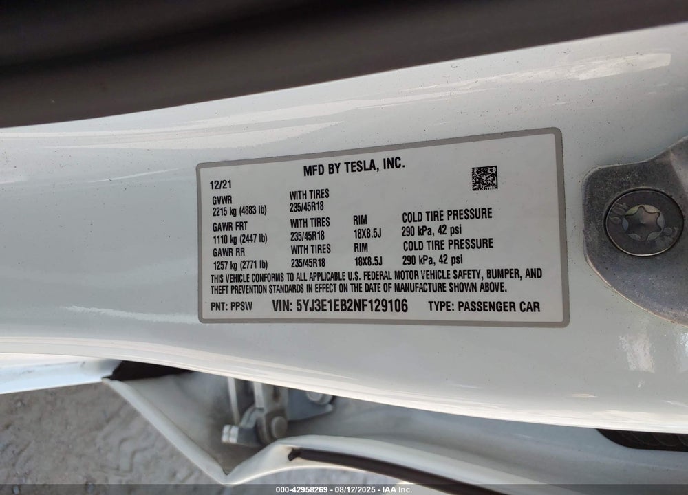 2022 TESLA MODEL 3 VIN: 5YJ3E1EB2NF129106