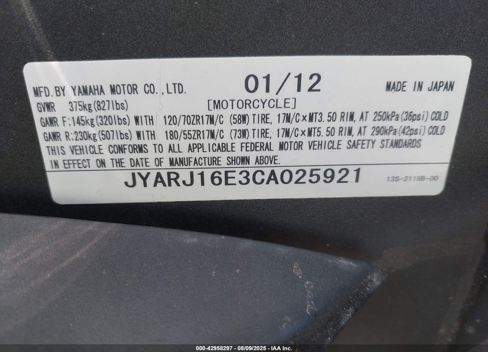 2012 YAMAHA YZFR6 VIN: JYARJ16E3CA025921
