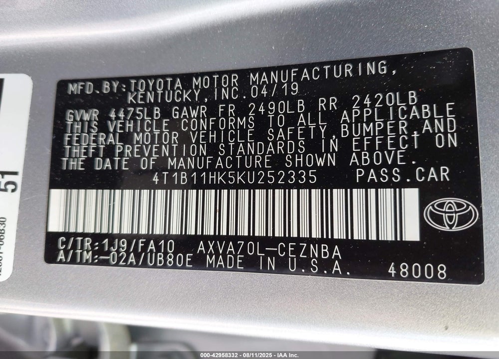 2019 TOYOTA CAMRY VIN: 4T1B11HK5KU252335