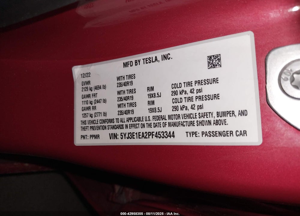 2023 TESLA MODEL 3 VIN: 5YJ3E1EA2PF453344