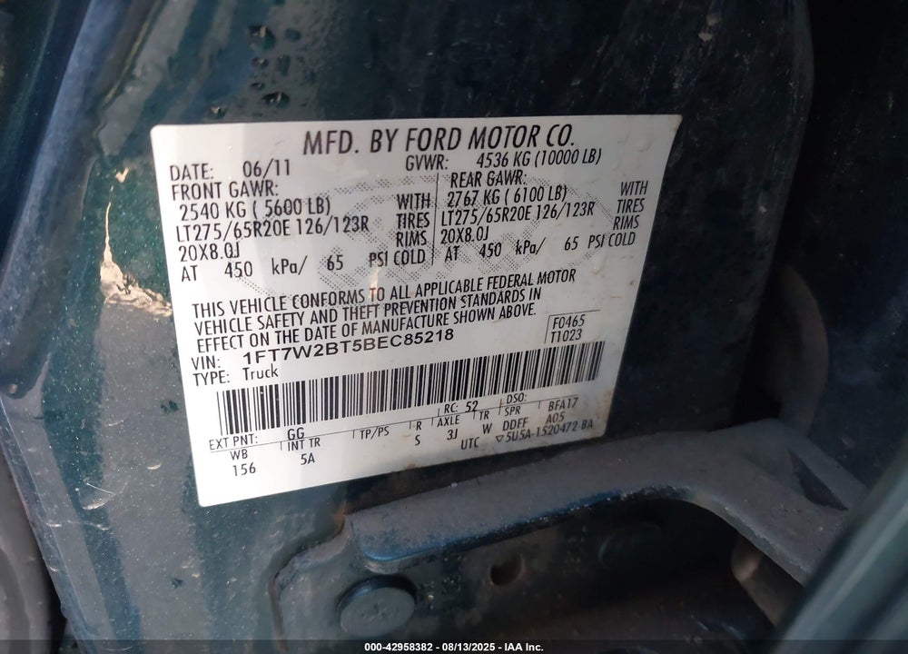 2011 FORD F-250 LARIAT VIN: 1FT7W2BT5BEC85218