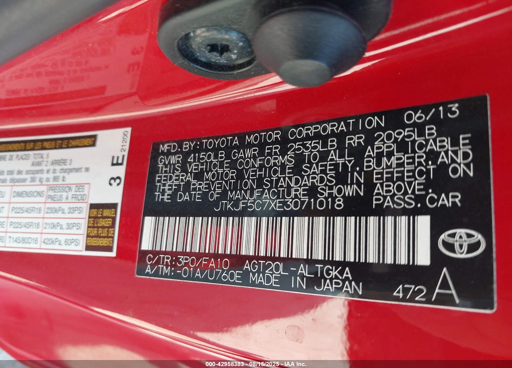 2014 SCION TC VIN: JTKJF5C7XE3071018