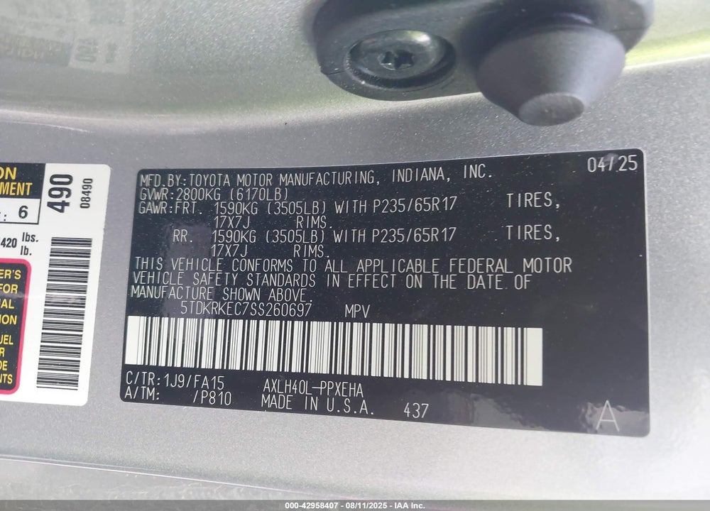 2025 TOYOTA SIENNA LE VIN: 5TDKRKEC7SS260697