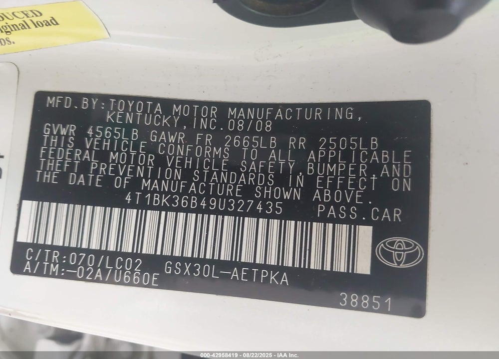 2009 TOYOTA AVALON LIMITED VIN: 4T1BK36B49U327435