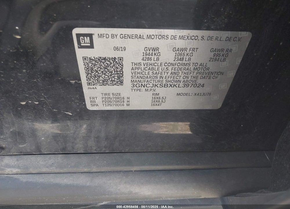 2019 CHEVROLET TRAX VIN: 3GNCJKSBXKL397024