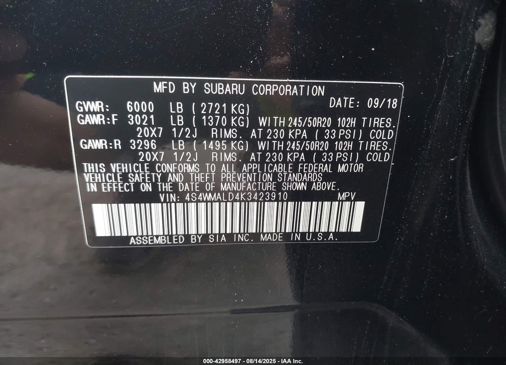 2019 SUBARU ASCENT VIN: 4S4WMALD4K3423910