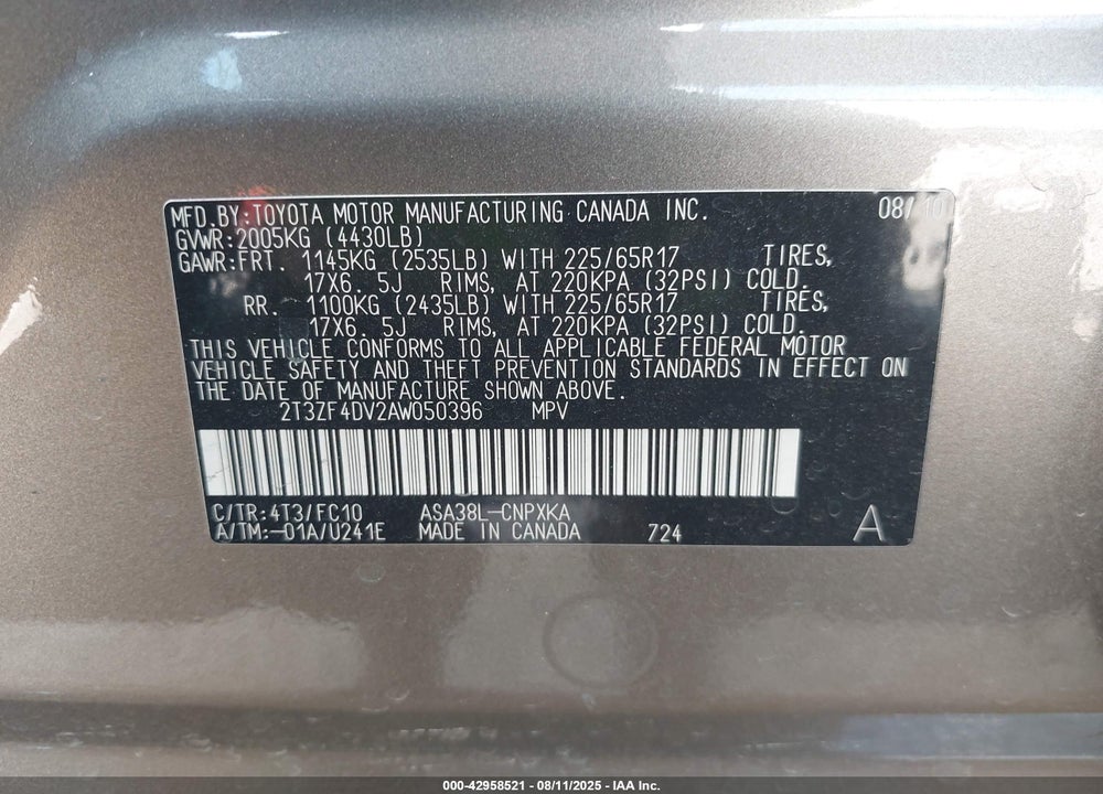 2010 TOYOTA RAV4 VIN: 2T3ZF4DV2AW050396