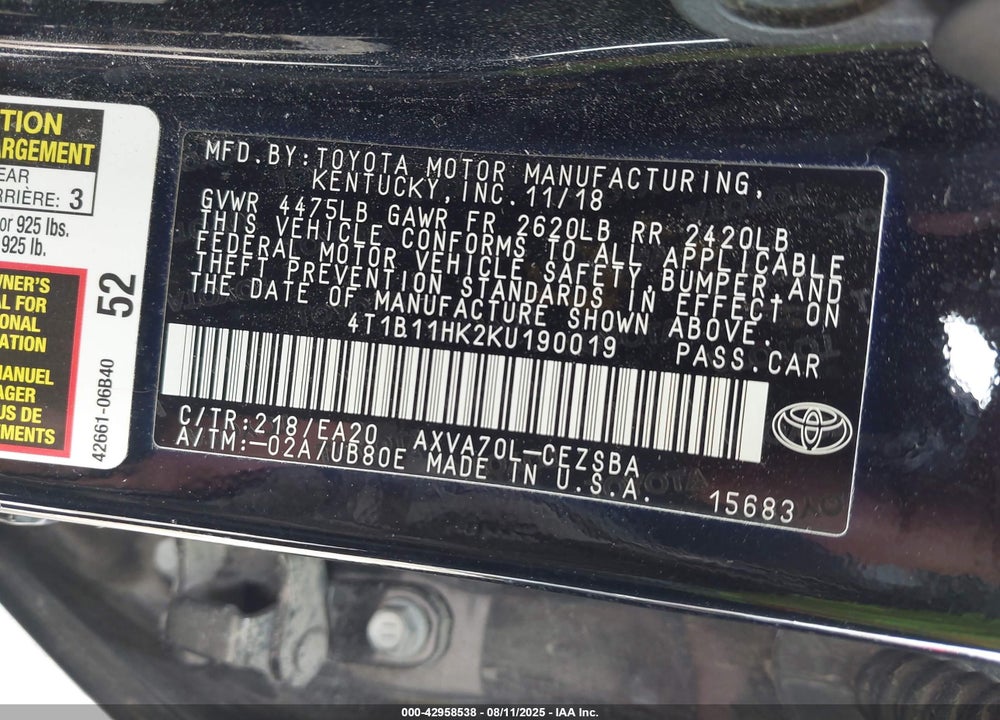2019 TOYOTA CAMRY VIN: 4T1B11HK2KU190019