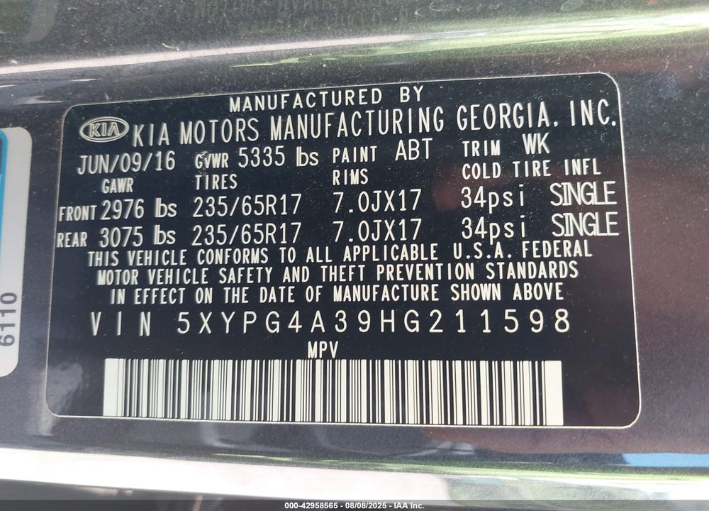 2017 KIA SORENTO VIN: 5XYPG4A39HG211598