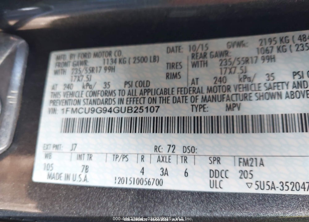 2016 FORD ESCAPE VIN: 1FMCU9G94GUB25107