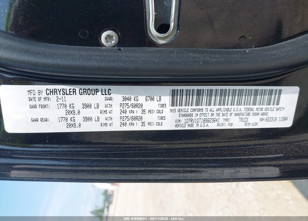 2011 RAM 1500 VIN: 1D7RV1GT1BS623641