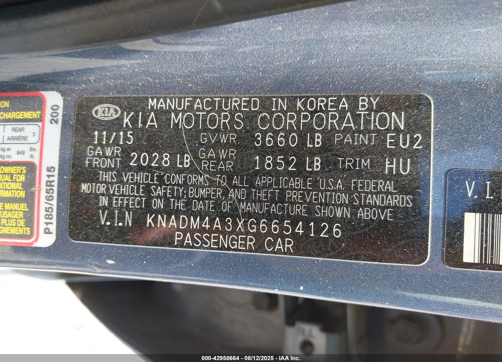 2016 KIA RIO VIN: KNADM4A3XG6654126