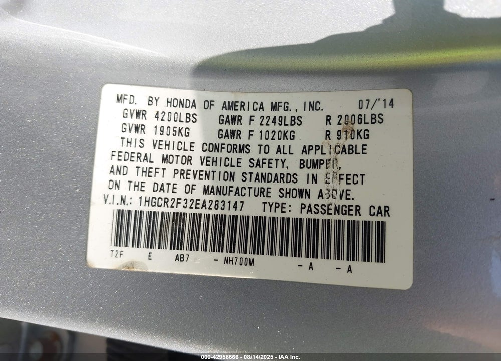 2014 HONDA ACCORD VIN: 1HGCR2F32EA283147