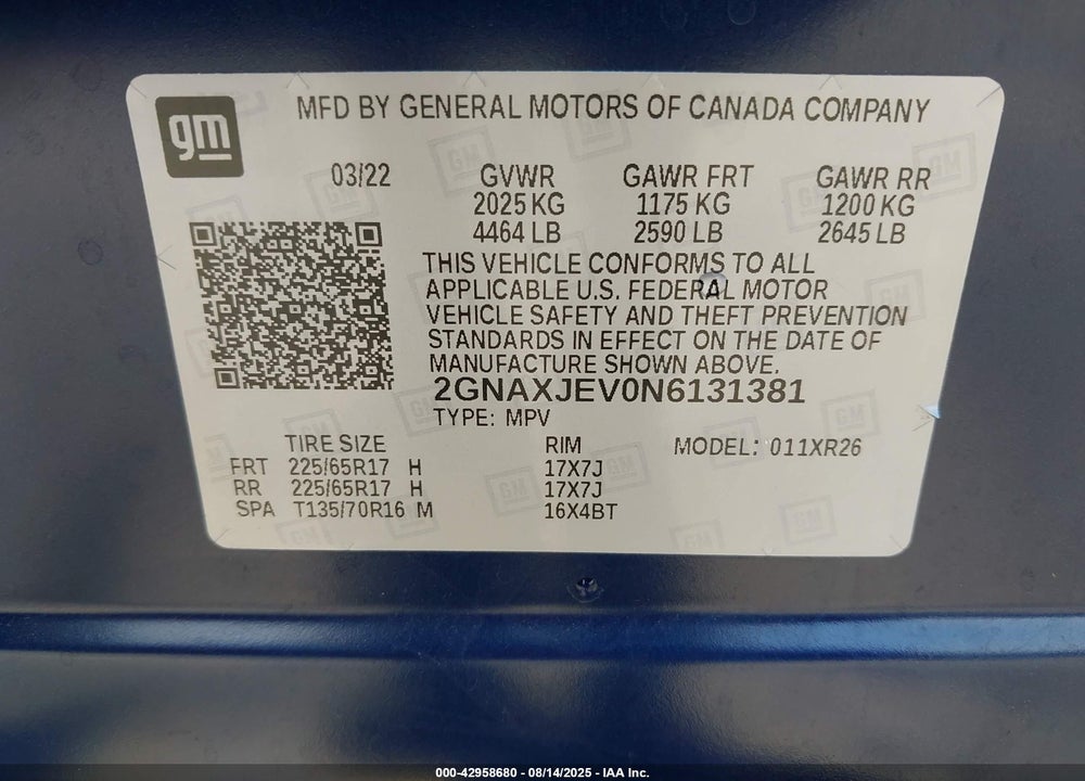 2022 CHEVROLET EQUINOX VIN: 2GNAXJEV0N6131381