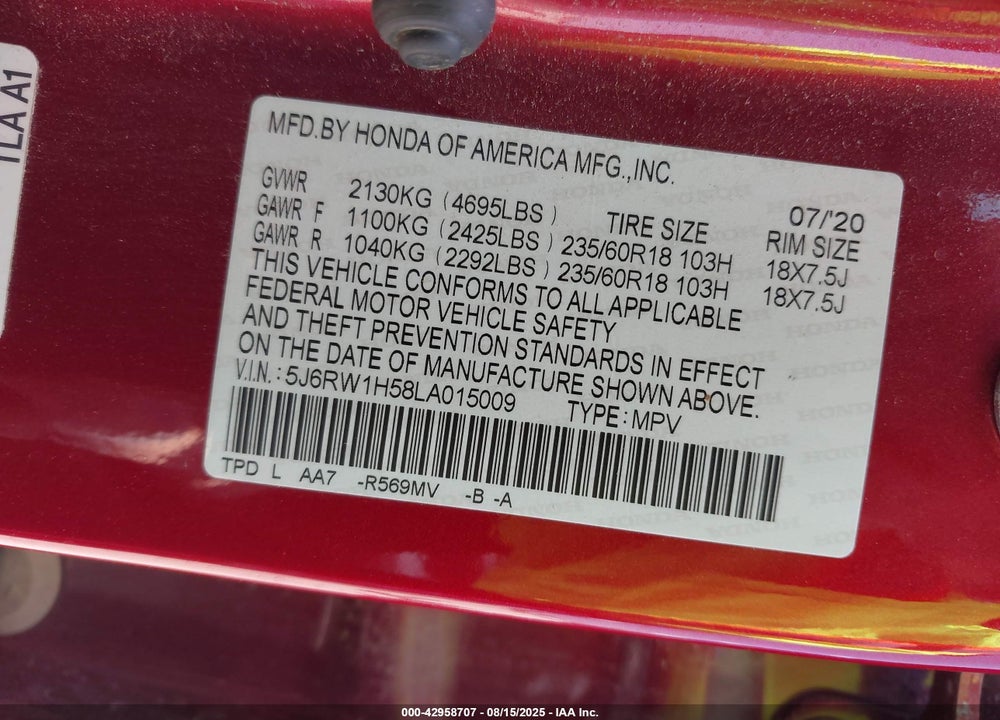 2020 HONDA CR-V VIN: 5J6RW1H58LA015009