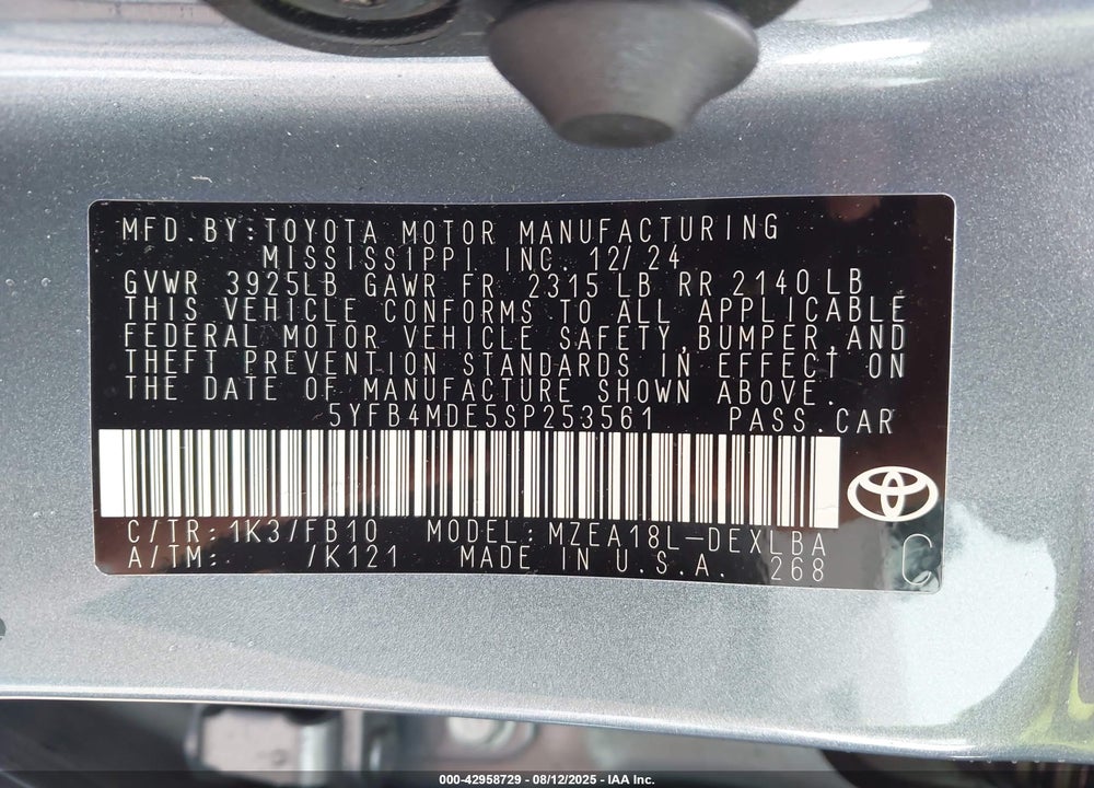 2025 TOYOTA COROLLA VIN: 5YFB4MDE5SP253561