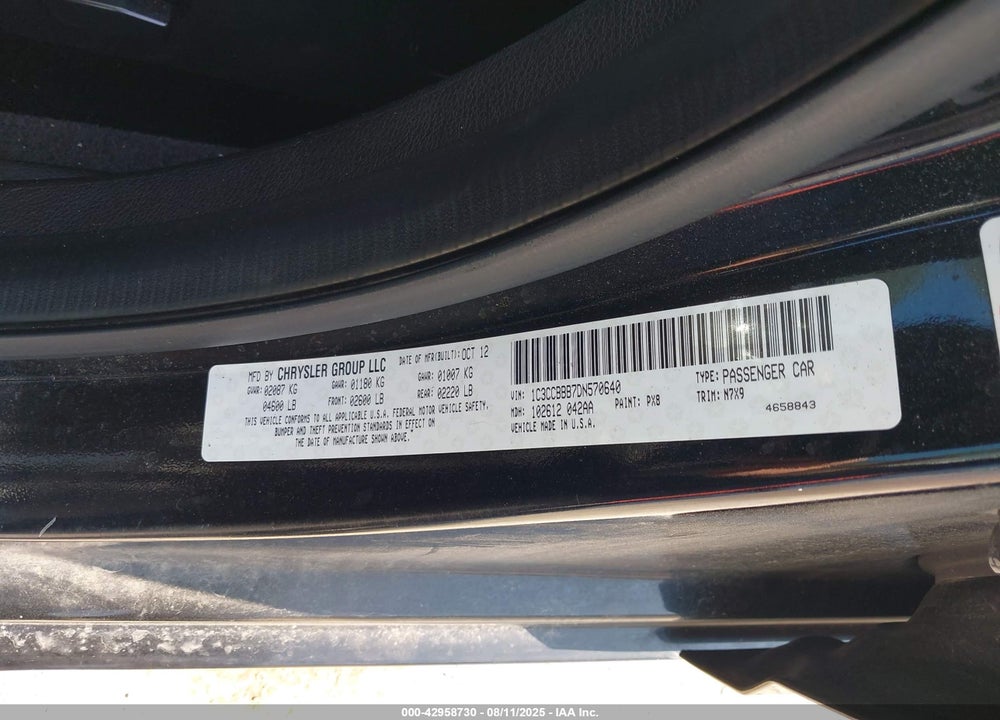 2013 CHRYSLER 200 VIN: 1C3CCBBB7DN570640