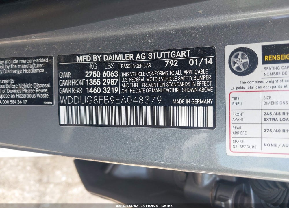 2014 MERCEDES-BENZ S CLASS VIN: WDDUG8FB9EA048379
