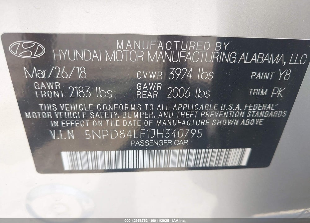 2018 HYUNDAI ELANTRA VIN: 5NPD84LF1JH340795