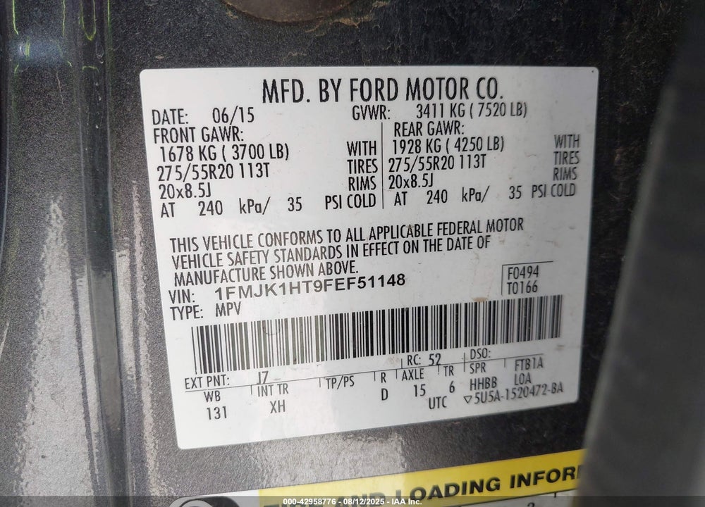 2015 FORD EXPEDITION EL XLT VIN: 1FMJK1HT9FEF51148