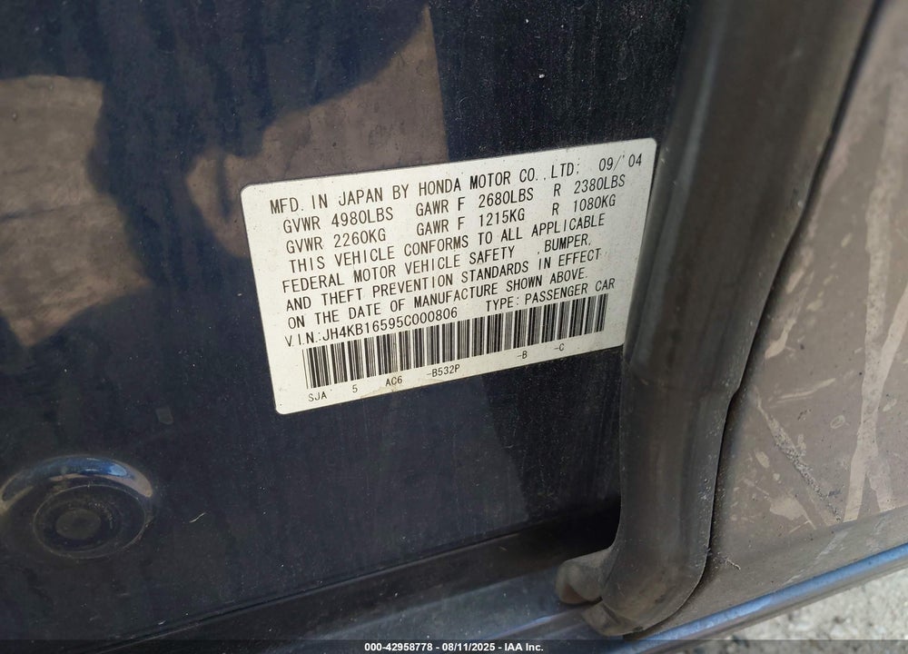 2005 ACURA RL 3.5 VIN: JH4KB16595C000806