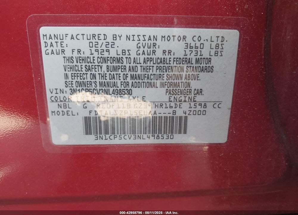 2022 NISSAN KICKS VIN: 3N1CP5CV3NL498530