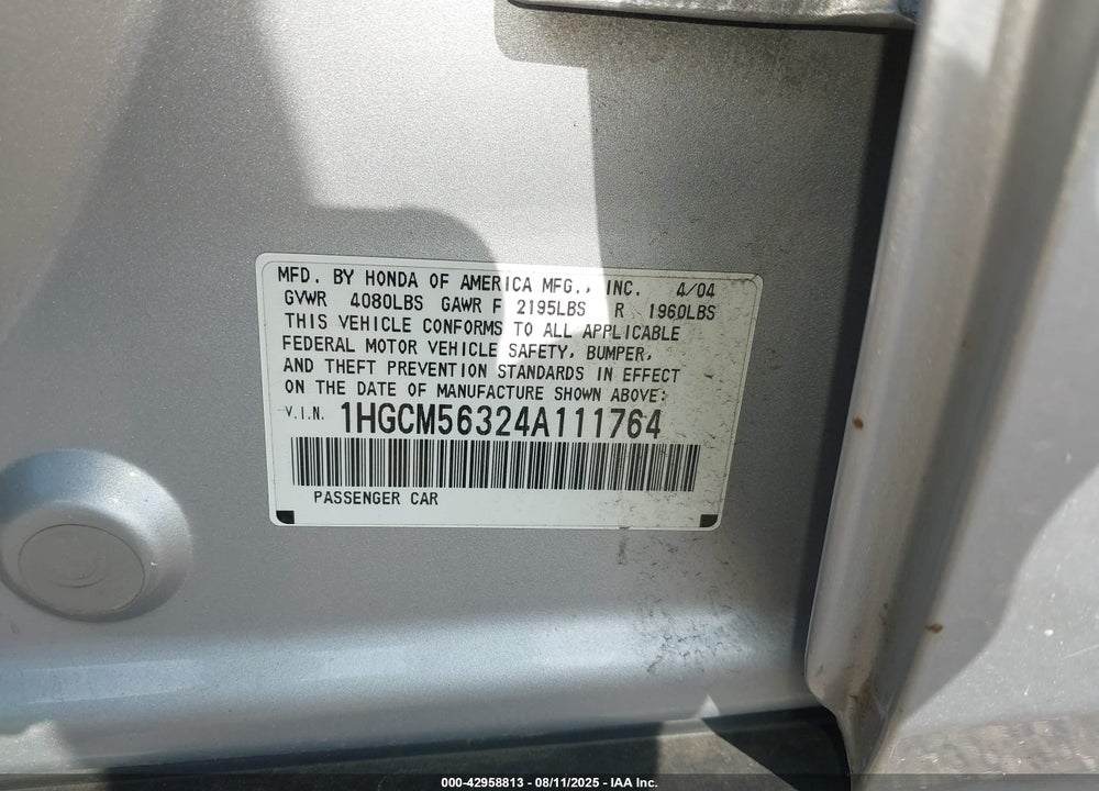 2004 HONDA ACCORD 2.4 LX VIN: 1HGCM56324A111764