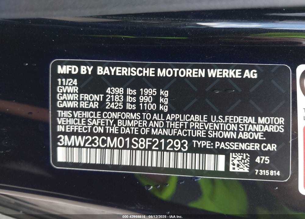 2025 BMW 230 I VIN: 3MW23CM01S8F21293