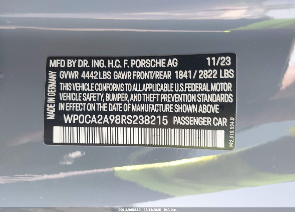 2024 PORSCHE 911 VIN: WP0CA2A98RS238215