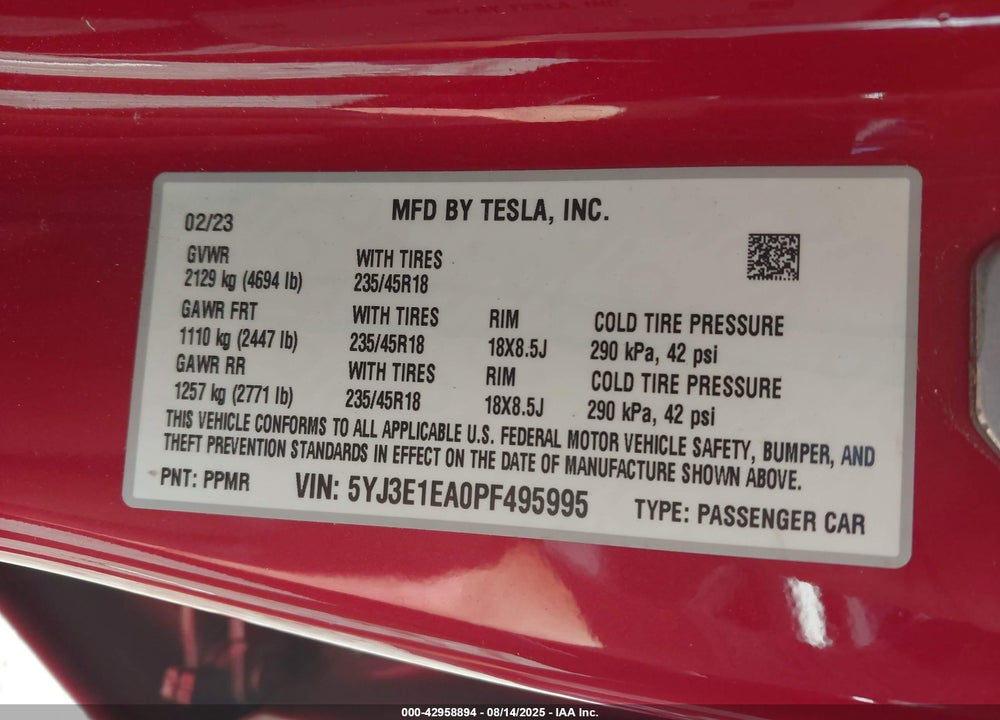 2023 TESLA MODEL 3 VIN: 5YJ3E1EA0PF495995