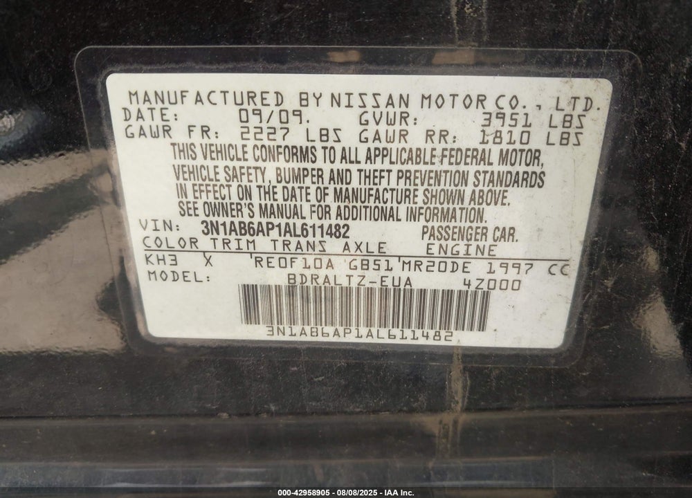 2010 NISSAN SENTRA VIN: 3N1AB6AP1AL611482
