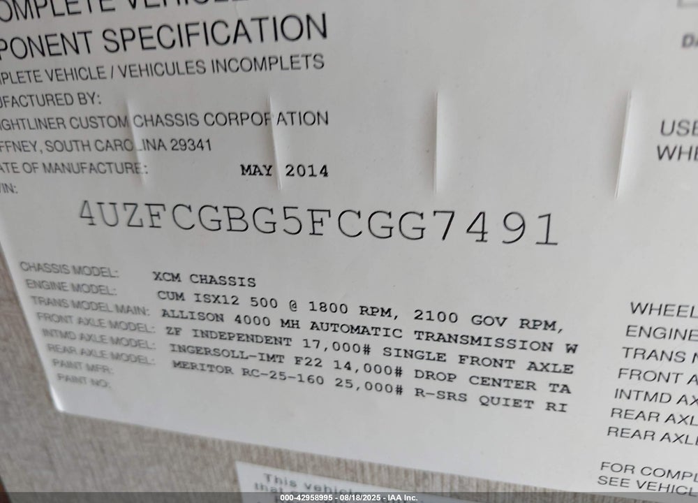 2015 AMERICAN EAGLE MOTOR HOME VIN: 4UZFCGBG5FCGG7491