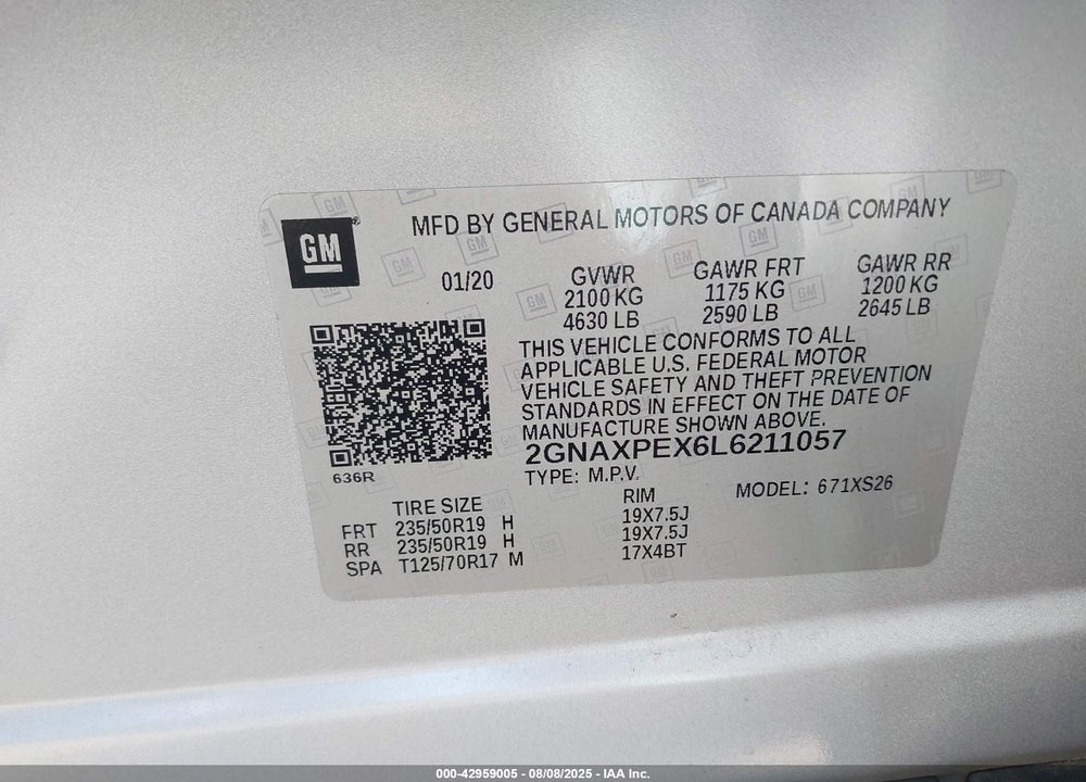 2020 CHEVROLET EQUINOX FWD PREMIER 2.0L TURBO VIN: 2GNAXPEX6L6211057