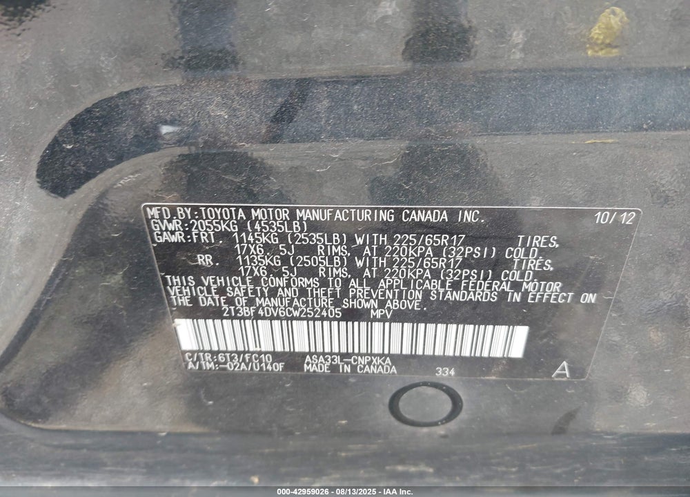 2012 TOYOTA RAV4 VIN: 2T3BF4DV6CW252405