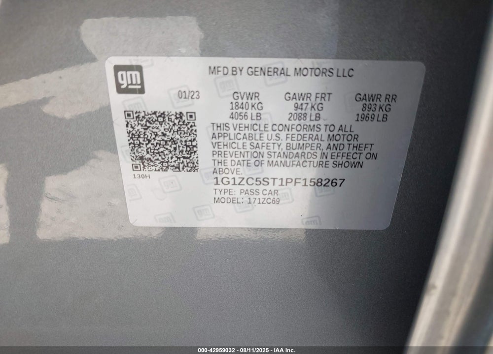 2023 CHEVROLET MALIBU VIN: 1G1ZC5ST1PF158267